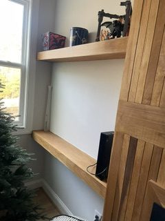 Custom floating wood shelves and trim carpentry, Raleigh NC